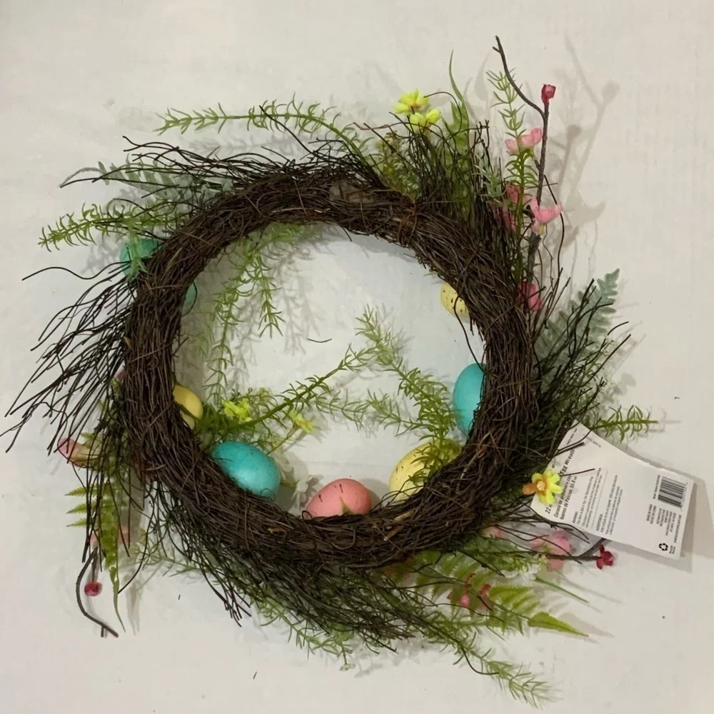 Spring Easter Egg Wreath 22” GrapeVine Stippled Pastel Eggs and Spring Flowers